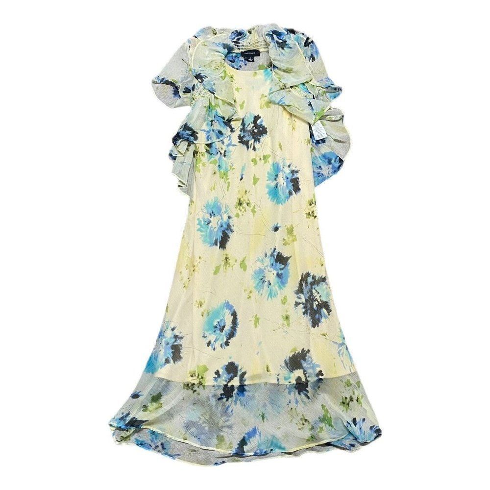 R&M Richards Mid Calf Dress Flowing Yellow Floral Patterns With Sheer Jacket 10